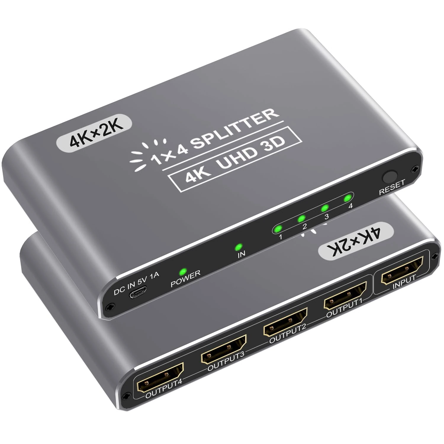 HDMI Splitter, HDMI Splitter 1 in 4 Out for 4 Monitors Supports 3D Full HD 1080P Aluminum Compatible for PS4 Fire Stick HDTV(1 Source to 4 Displays) Silver