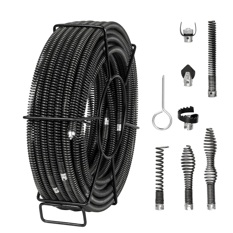 VEVOR Drain Cleaning Cable 100 FT x 5/8 Inch, Professional Sectional Drain Cleaner Cable with 7 Cutters for 0.8" to 3.9" Pipes, Hollow Core Sewer Drain Auger Cable for Sink, Floor Drain, Toilet - Image 1