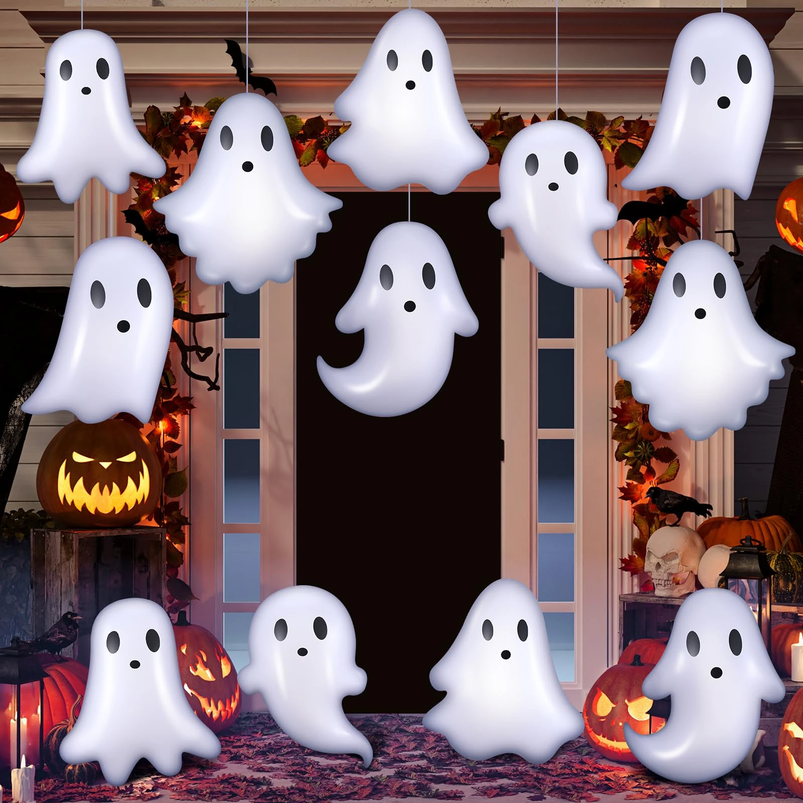 Chitidr 12 Pcs 13.78'' Halloween Inflatable Outdoor Decorations Large Halloween Inflatable Hanging Ornaments PVC Ghost Yard Decorations Blow up Ghosts for Halloween Party Decor, As Shown as Picture