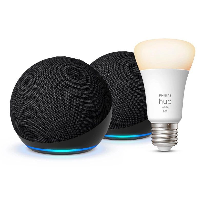 Echo Dot (5th generation) | Charcoal, 2-pack + Philips Hue Smart Bulb (E27), Works with Alexa - Smart Home Starter Kit, with Alexa+ Early Access