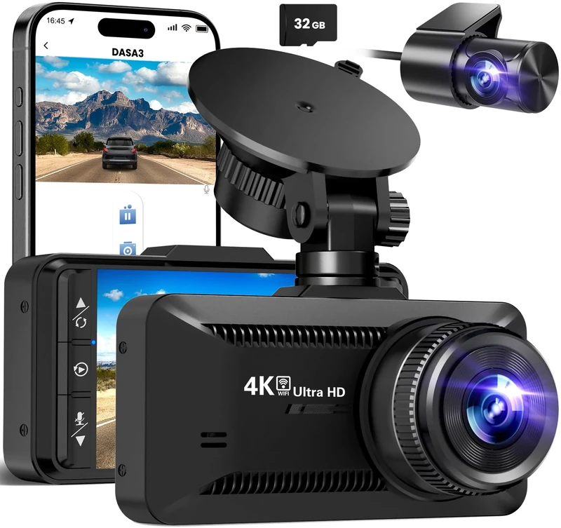 Dash Cam Front and Rear 4K/1080P, Dash Camera for Cars Build in WiFi, Full HD Dash Cam with APP Control, 3.94'' IPS Screen Dash Camera with 32GB SD Card, G-Sensor, 24Hr Parking Mote, Loop Recording - Image 1