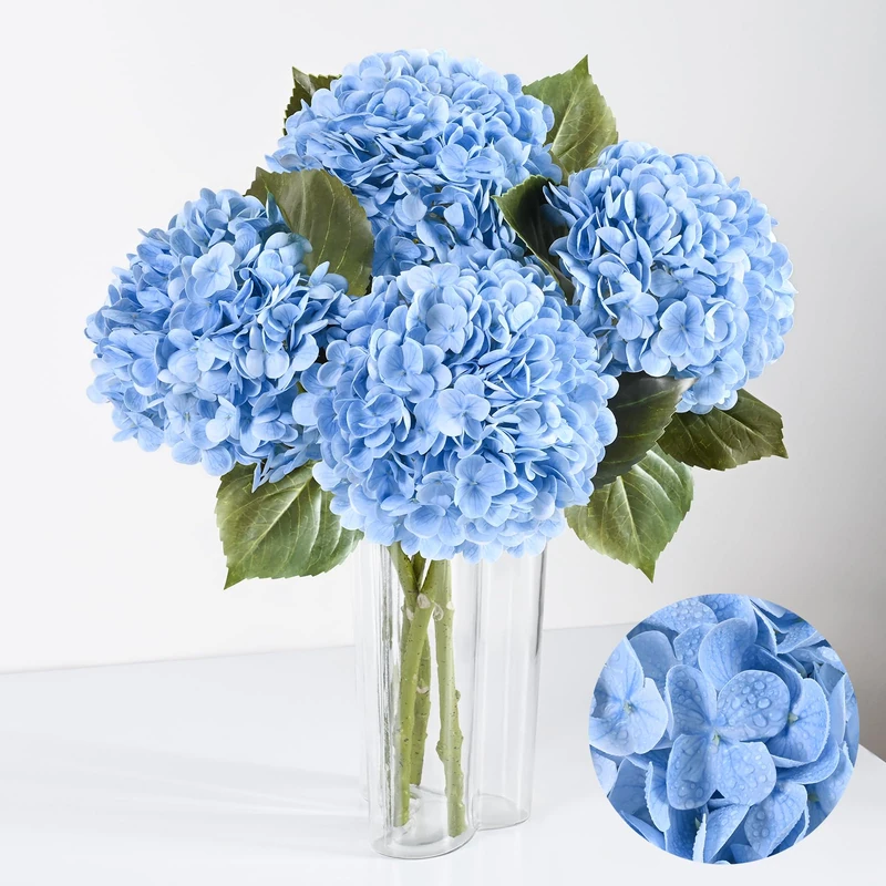 Artflower 8Pcs Real Touch Hydrangea Artificial Flowers, 22.5'' Blue Full Latex Faux Hydrangea Flowers for Home Floral Arrangements Wedding Bouquets Kitchen Table Centerpiece Decorations