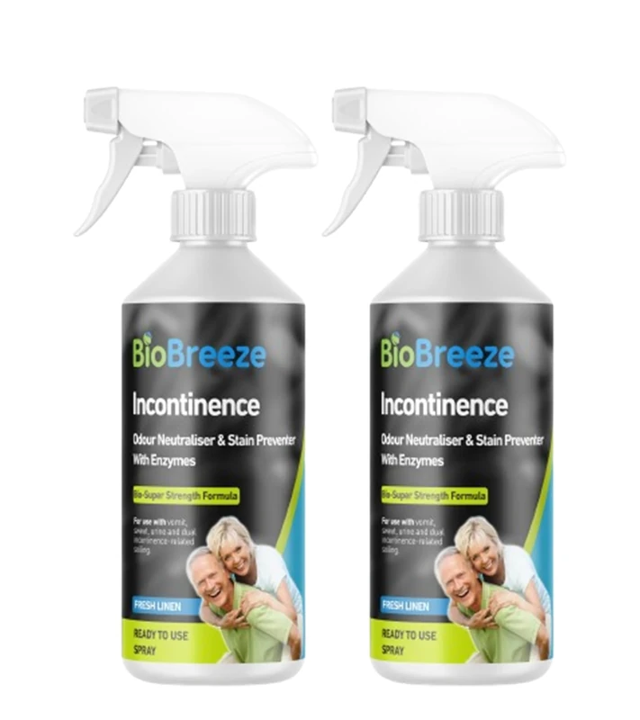 BioBreeze Incontinence Odour & Stain Preventer Spray With Bio Enzymes Human Urine/Soiling Cleaner For Elderly Care Enzymatic Formula Super Strength Fresh Linen 500ML (Pack of 2)