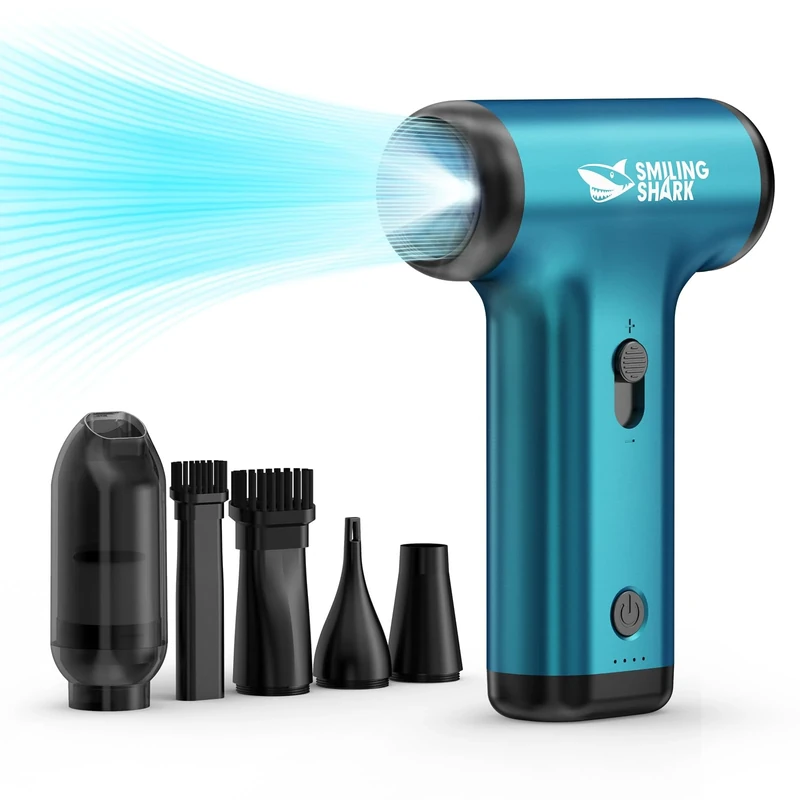 Smiling Shark Compressed Air Duster, JF-01 Brushless Motor Stepless Speed 130000RPM 5Kpa Rechargeable Cordless Electric Air Blower with LED Light for PC Cleaning/Keyboard/Car/Camping, (PRO Blue)