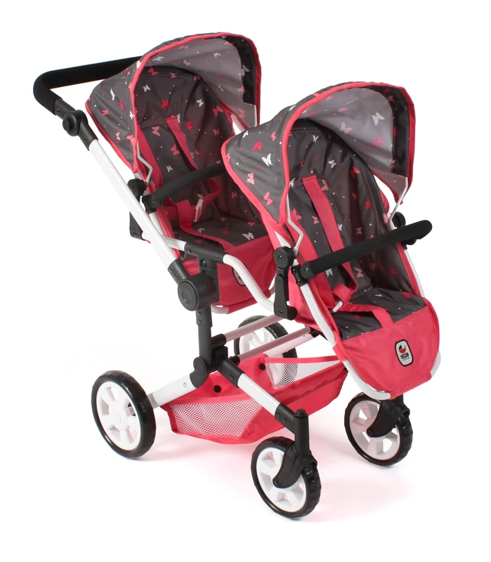 Bayer Chic 2000 - Linus Duo Doll's Pram, Twin Doll's Pram for Children from 4 to 8 Years, Butterfly, Coral, 690-47