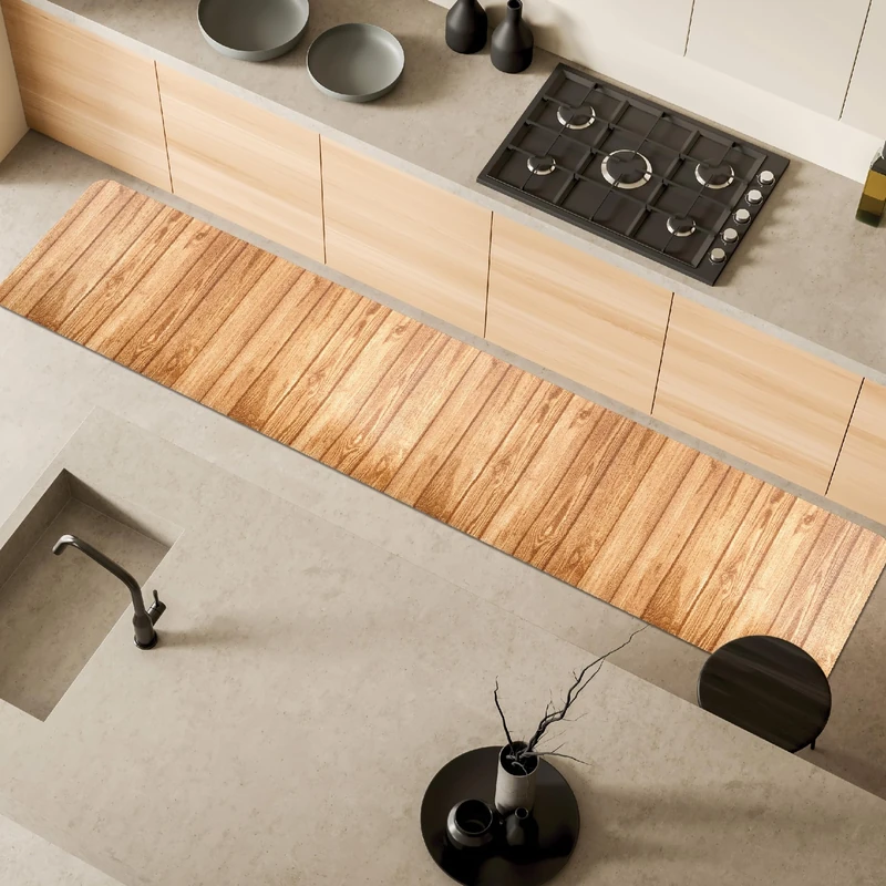 Comart - Malaga Kitchen Rug - Runner 100% PVC - Stain Resistant - Non-Slip - Waterproof - Machine Washable Mat - Modern Lane for Kitchen and Hallway - Beige Wood - 55 x 270 cm