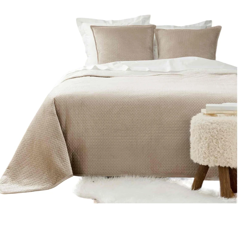 Douceur d'Intérieur Mylene Quilted Bedspread (220 x 240 cm) and 2 Pillowcases (60 x 60 cm), Embossed Velvet with Sherpa, Linen