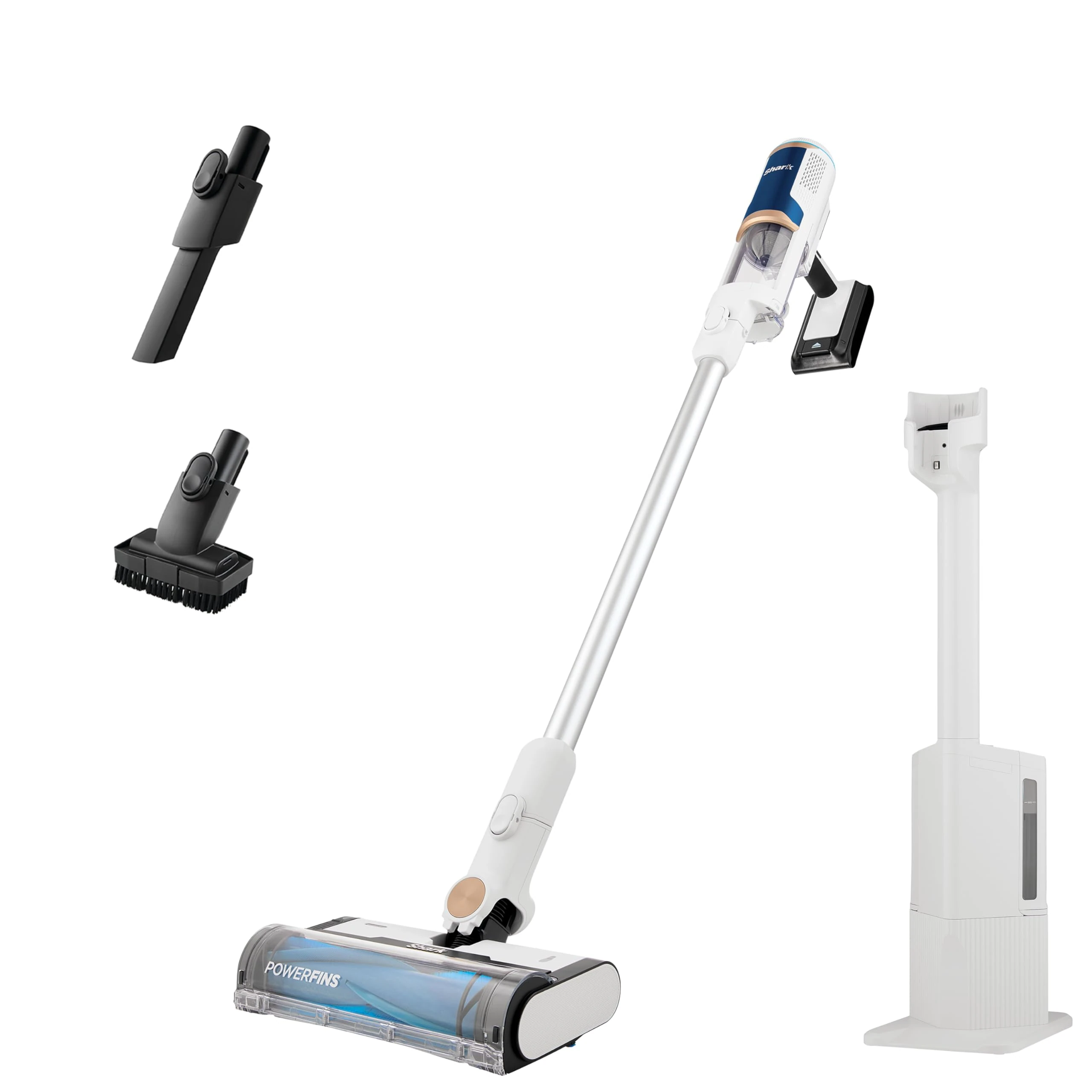 Shark Clean & Empty Cordless Vacuum Cleaner with Auto-Empty System, Lightweight Anti Hair Wrap Vacuum with Pet & Crevice Tools, 40 Mins Run-Time, Charging Dock, LED Headlights, White/Blue, BU3521UK