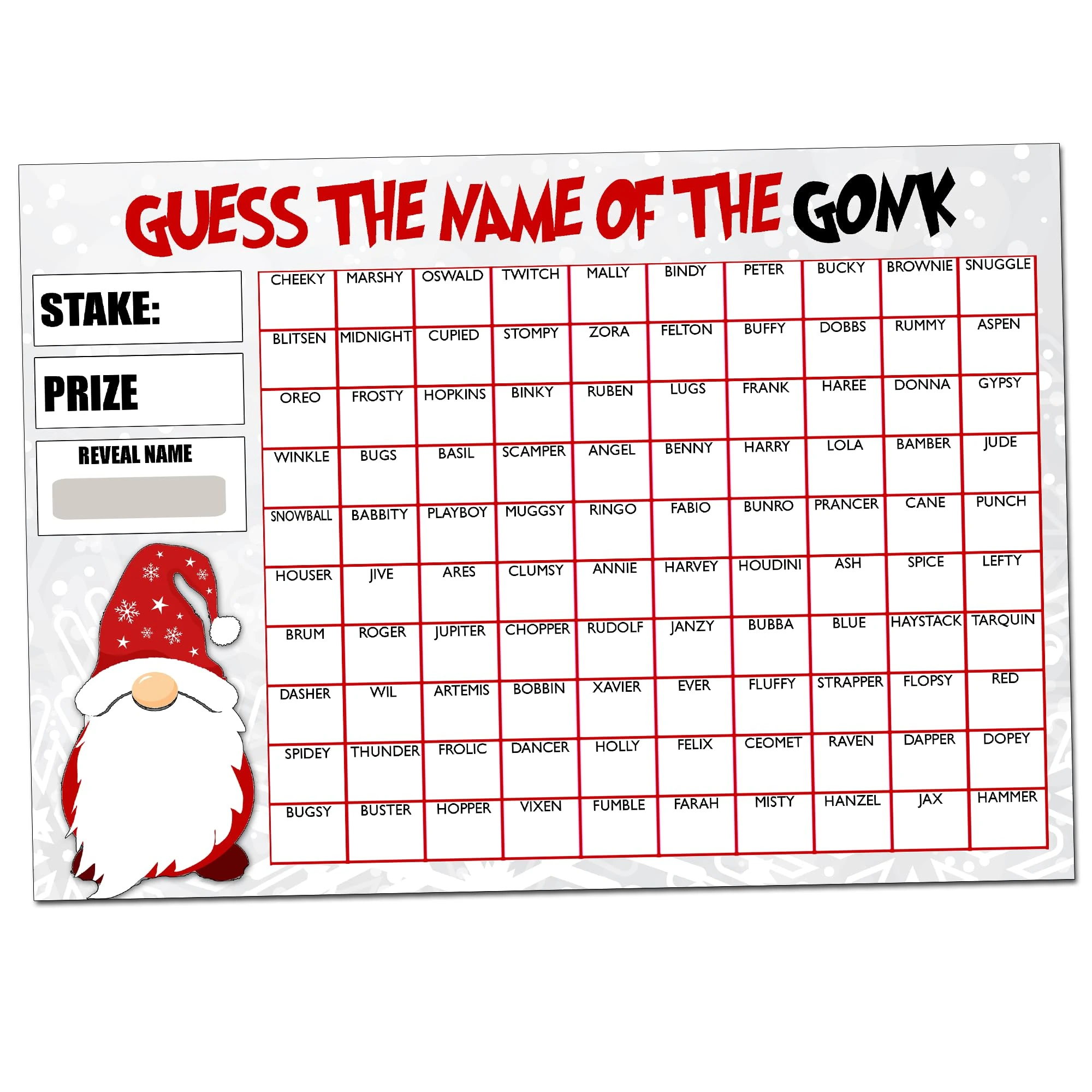 Fundraising Scratch Card Game Predict the Gonks Name Christmas Fayre A4 100 Names