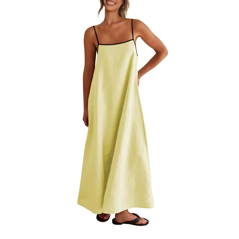 Shy Velvet Women's 2025 Summer/Fall Linen Maxi Dress Contrast Spaghetti Strap Dress Backless Casual Party Slip Dresses, Lemon Yellow, L - Image 1