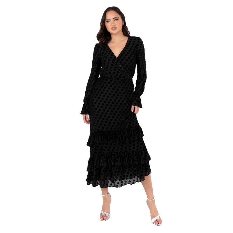 Lovedrobe Women's Midaxi Dress Ladies V-Neckline Long Sleeve Tiered Ruffle Frill Hem Flocked A-line Evening Occasion, Black 8