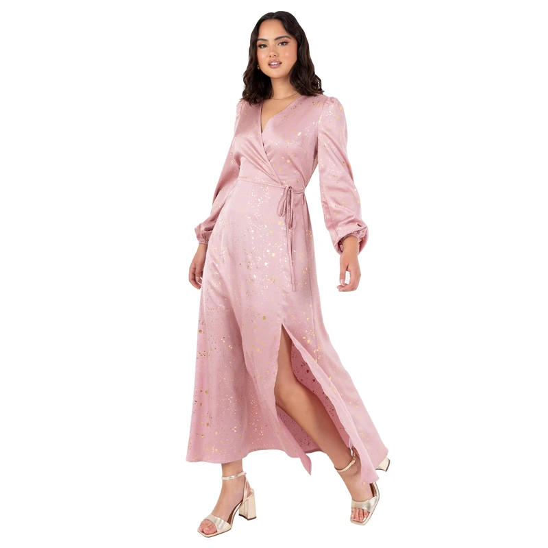 Lovedrobe Women's Midaxi Dress Ladies Wrap V-Neck Long Bishop Sleeve Satin Gold Fleck Side Tie Belt Split A-line Wedding Guest, Dusky Pink 48, Blush Pink, 22