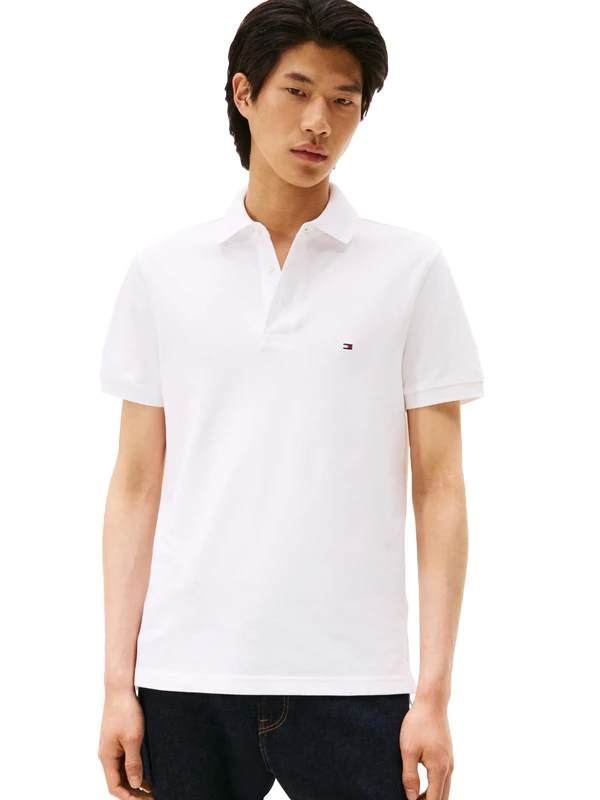 Tommy Hilfiger Men's Short Sleeve Polo Shirts in Slim Fit with Stretch and Organic Pique Cotton, White, S