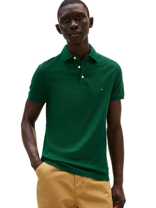 Tommy Hilfiger Men's Short Sleeve Polo Shirts in Slim Fit with Stretch and Organic Pique Cotton, Ornamental Green, XXL