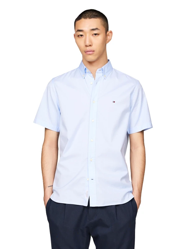 Tommy Hilfiger Short Sleeve Poplin Regular Fit, Men's Button Down Shirts, Sweet Blue, Medium