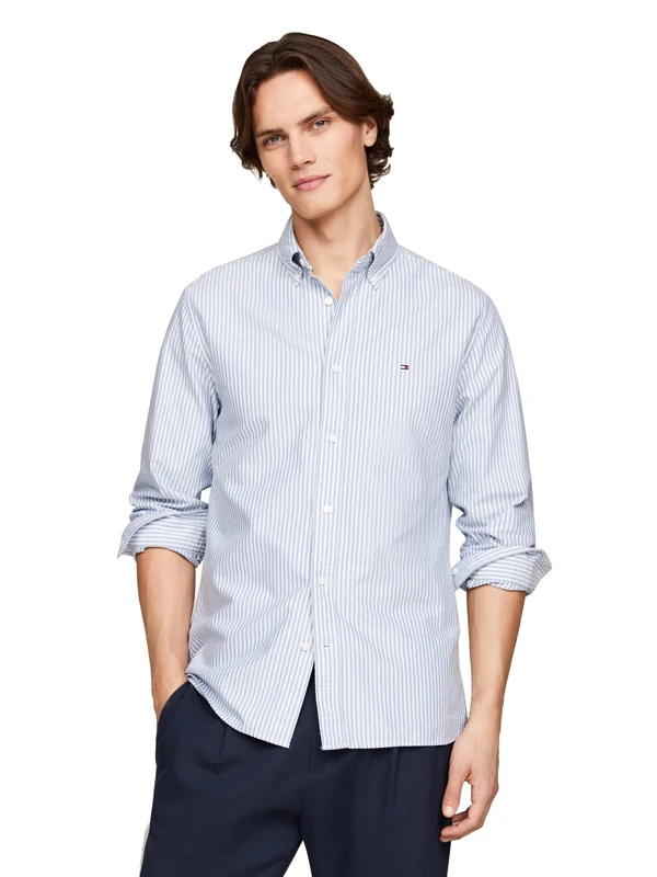 Tommy Hilfiger Long Sleeve Oxford Regular Fit, Men's Button Down Shirts, Also Available in Big and Tall, Shirt Blue/White, Large