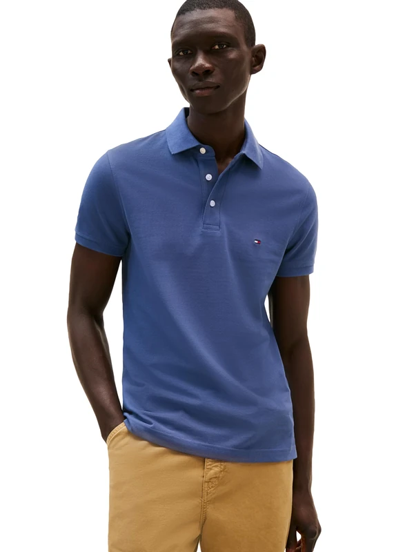 Tommy Hilfiger Men's Short Sleeve Polo Shirts in Slim Fit with Stretch and Organic Pique Cotton, Aegean Sea, XXL
