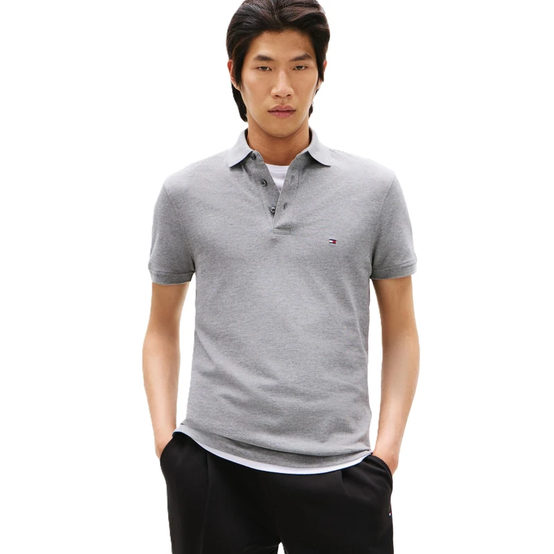 Tommy Hilfiger Men's Short Sleeve Polo Shirts in Slim Fit with Stretch and Organic Pique Cotton, Medium Grey Heather, Large