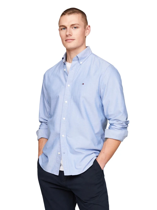 Tommy Hilfiger Long Sleeve Oxford Regular Fit, Men's Button Down Shirts, Also Available in Big and Tall, Shirt Blue, XXL