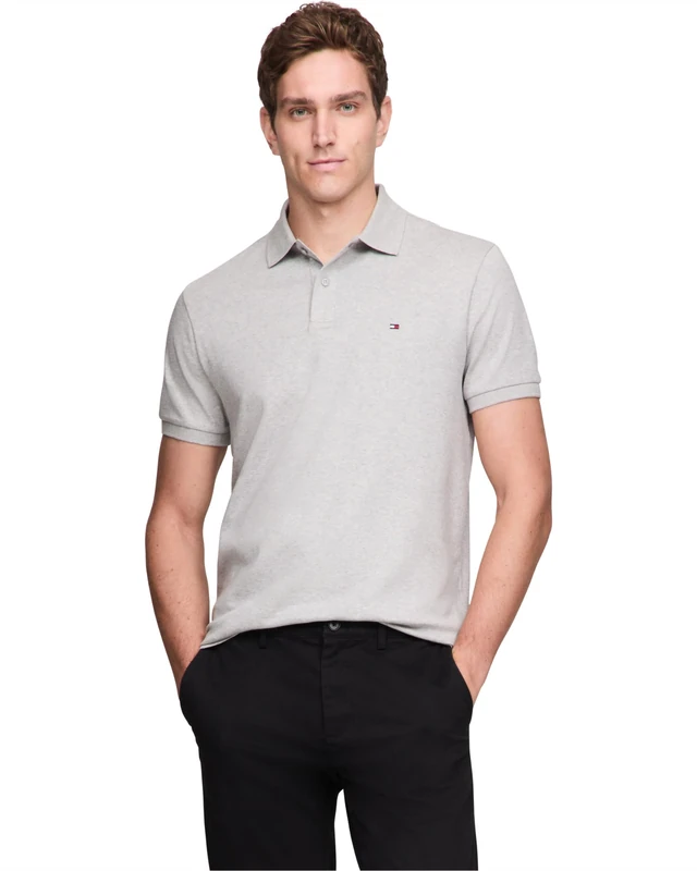 Tommy Hilfiger Men's Short Sleeve Casual Polo Shirts in Regular Fit with Liquid Cotton, Light Grey Heather, Large