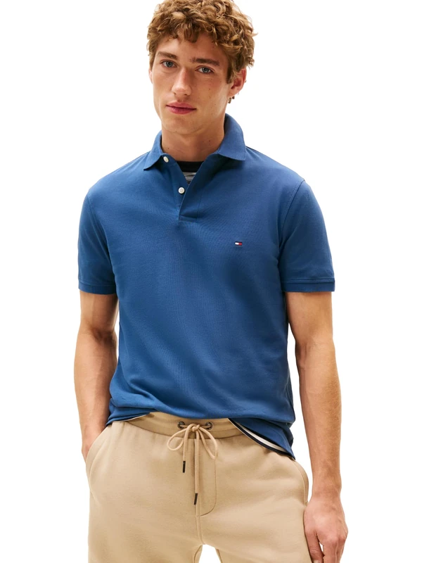 Tommy Hilfiger Men's Short Sleeve Polo Shirts in Regular Fit with Stretch and Organic Pique Cotton, Aegean Sea, Large