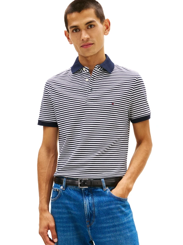 Tommy Hilfiger Men's Short Sleeve Polo Shirts in Slim Fit with Stretch and Organic Pique Cotton, Desert Sky/White, S