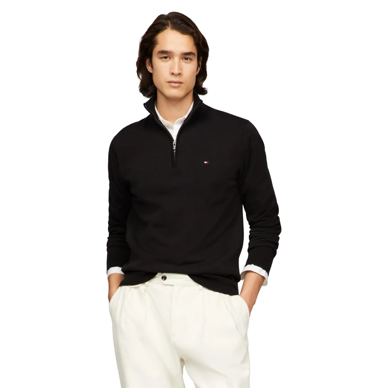 Tommy Hilfiger Men's Lightweight Pullover Quarter Zip Sweater, Black, S