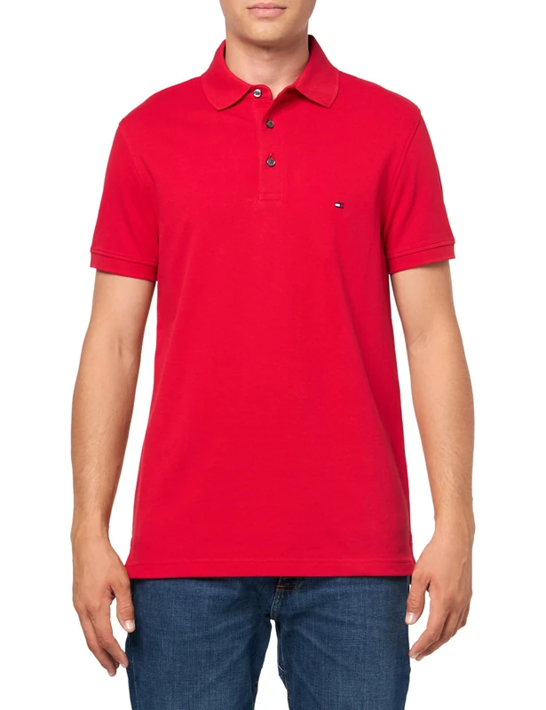 Tommy Hilfiger Men's Short Sleeve Polo Shirts in Slim Fit with Stretch and Organic Pique Cotton, Primary Red, Large - Image 1