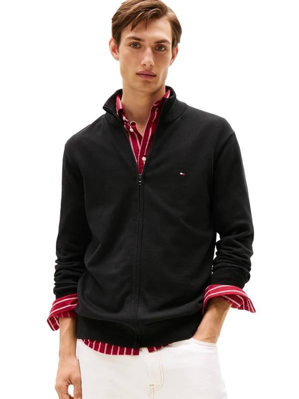 Tommy Hilfiger Men's Lightweight Full Zip Up Sweater Pullover, Black, XL