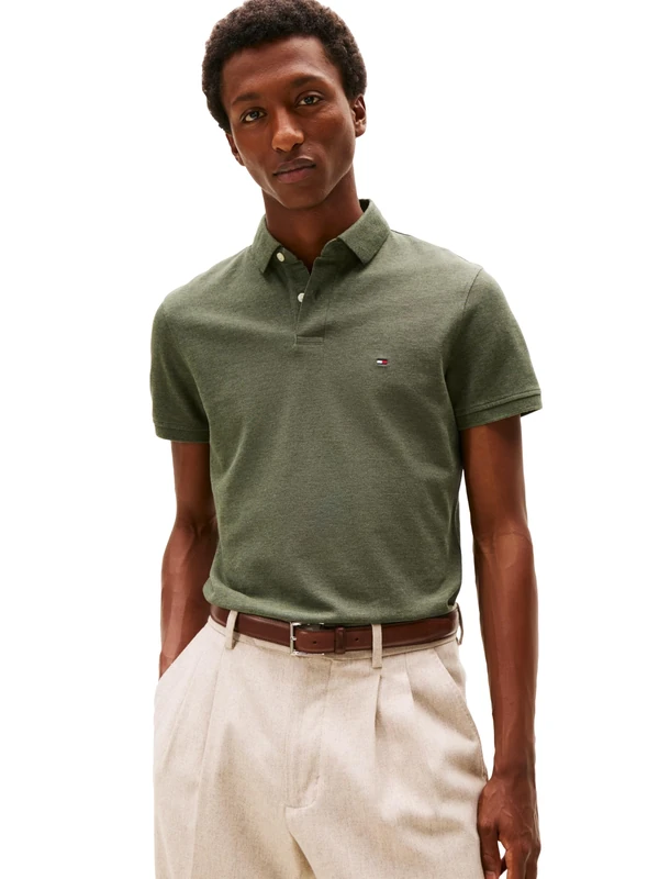 Tommy Hilfiger Men's Short Sleeve Polo Shirts in Regular Fit with Stretch and Organic Pique Cotton, Utility Olive Heather, Medium
