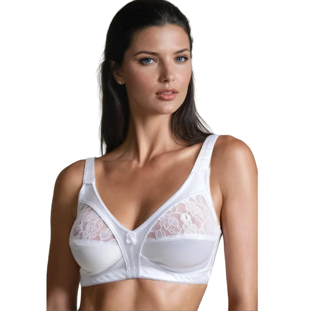 COSHAL® Non-Wired Womens Floral Lace Non-Wired Bra Firm Control Soft Cup Satin Lace Bra - Women’s Non-Wired Full Cup Non-Padded Underwear Bra 38E, White