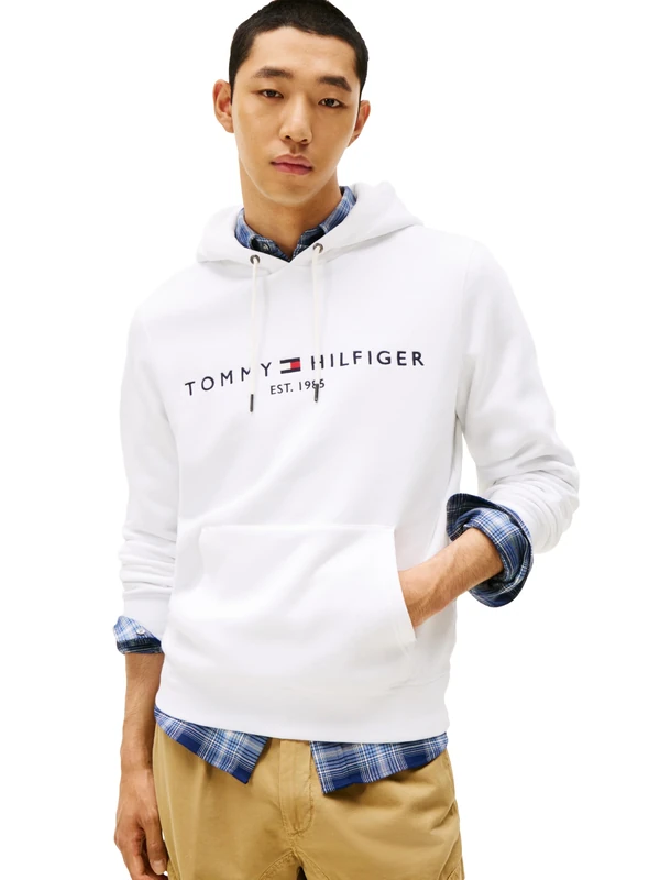 Tommy Hilfiger Men's Medium Weight Fleece Hoodie Sweatshirt with Embroidered Logo, Also Available in Big & Tall Hooded, White, L