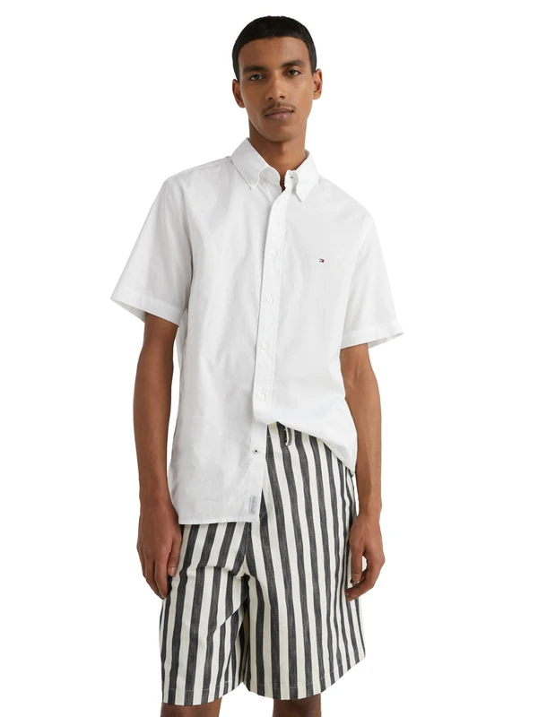 Tommy Hilfiger Short Sleeve Poplin Regular Fit, Men's Button Down Shirts, White, Large