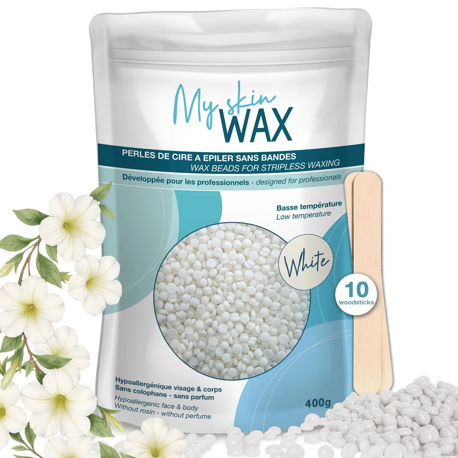 My Skin Wax - Stripless Wax Beads, 400g, Hypoallergenic, Smooth Waxing without Redness, Special for Sensitive Skin Men Women, Peelable, Face, Bikini, Brazilian (White)