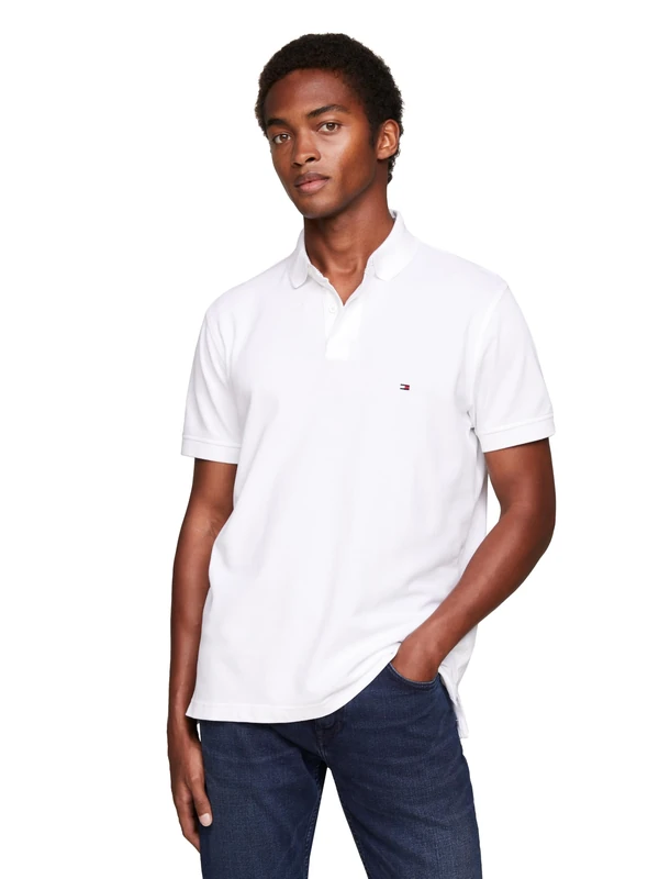 Tommy Hilfiger Men's Short Sleeve Polo Shirts in Slim Fit with Stretch and Organic Pique Cotton, White, Medium