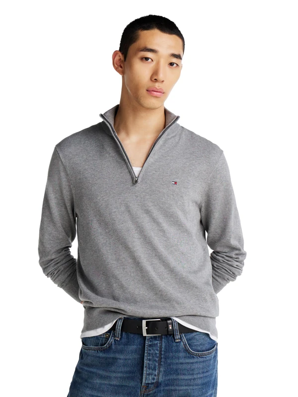 Tommy Hilfiger Men's Lightweight Pullover Quarter Zip Sweater, Medium Grey Heather, XL