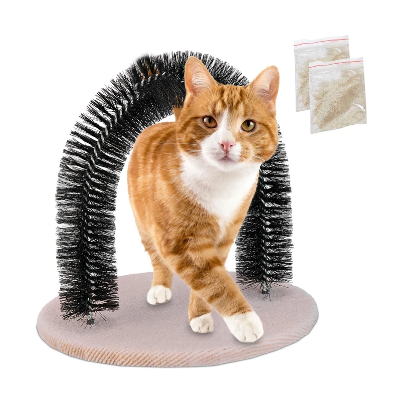 Relaxdays Grooming Bow for Cats, Round, with Catnip, HxWxD: 34 x 36 x 28.5 cm, Fur Care, Scratcher Bristles, Black/Beige, Iron - Image 1