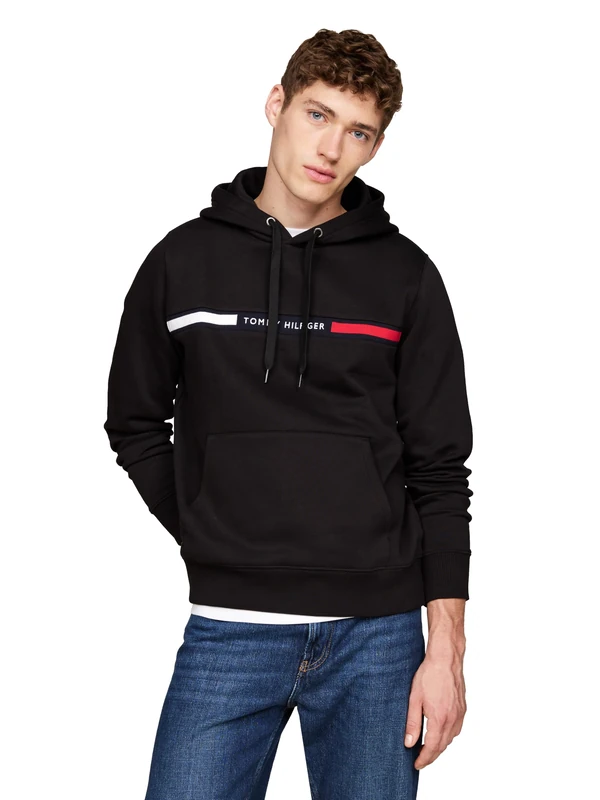 Tommy Hilfiger Men's Medium Weight Fleece Hoodie Sweatshirt with Signature Stripe Logo Hooded, Black, S