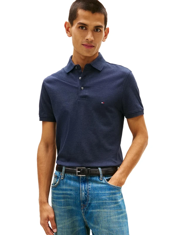 Tommy Hilfiger Men's Short Sleeve Polo Shirts in Slim Fit with Stretch and Organic Pique Cotton, Desert Sky Heather, S