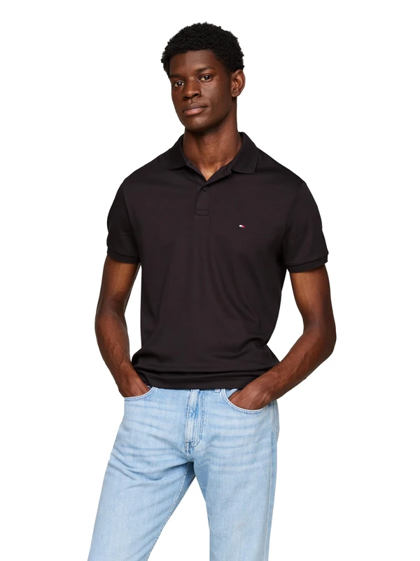 Tommy Hilfiger Men's Short Sleeve Casual Polo Shirts in Regular Fit with Liquid Cotton, Black, Large
