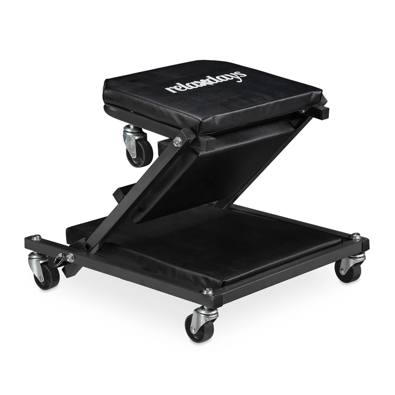 Relaxdays Board Workshop up to 150 kg, 2in1 Foldable Rolling Seat & Workbench, 360° Rotatable, Steel, Black, 12 x 41 x 91 cm