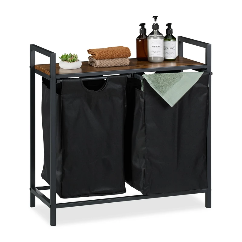 Relaxdays Laundry Basket, HxWxD: 72 x 73 x 33 cm, Bathroom Rack, 2 Pull-out Compartments, Collector, Black/Brown, Steel