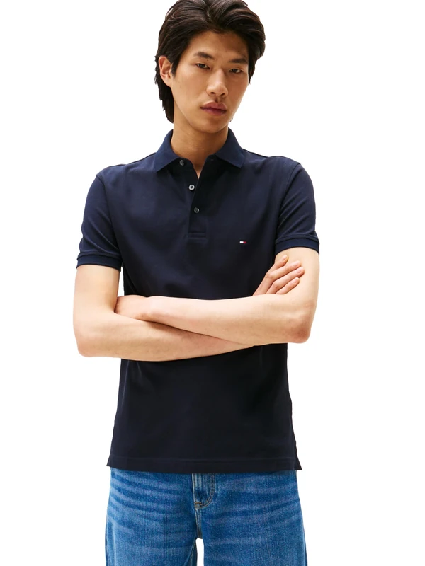 Tommy Hilfiger Men's Short Sleeve Polo Shirts in Slim Fit with Stretch and Organic Pique Cotton, Desert Sky, Large