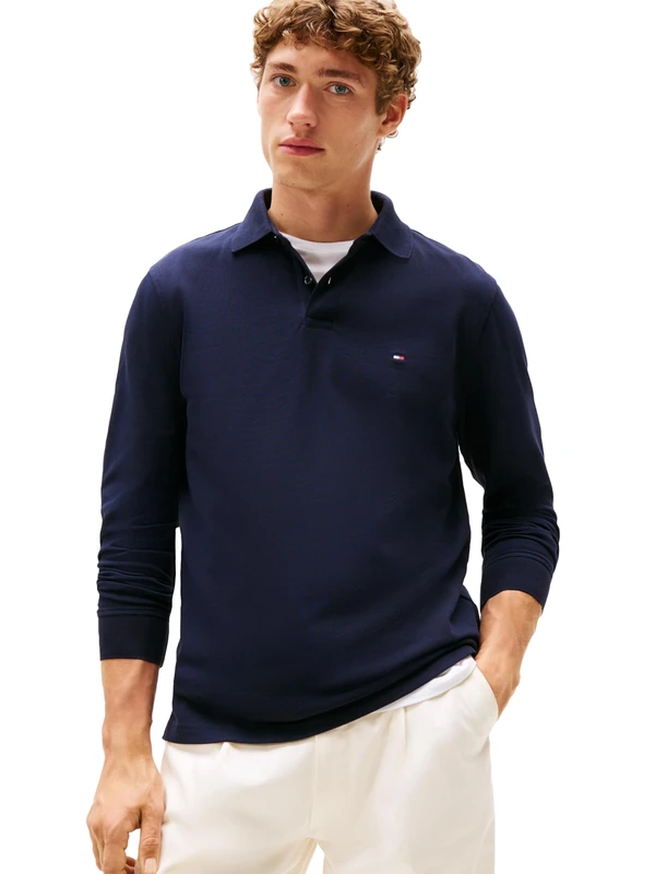 Tommy Hilfiger Men's Long Sleeve Polo Shirts in Regular Fit with Stretch and Organic Pique Cotton, Desert Sky, Large