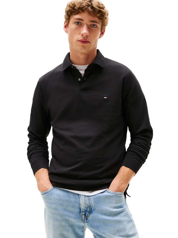 Tommy Hilfiger Men's Long Sleeve Polo Shirts in Regular Fit with Stretch and Organic Pique Cotton, Black, XL