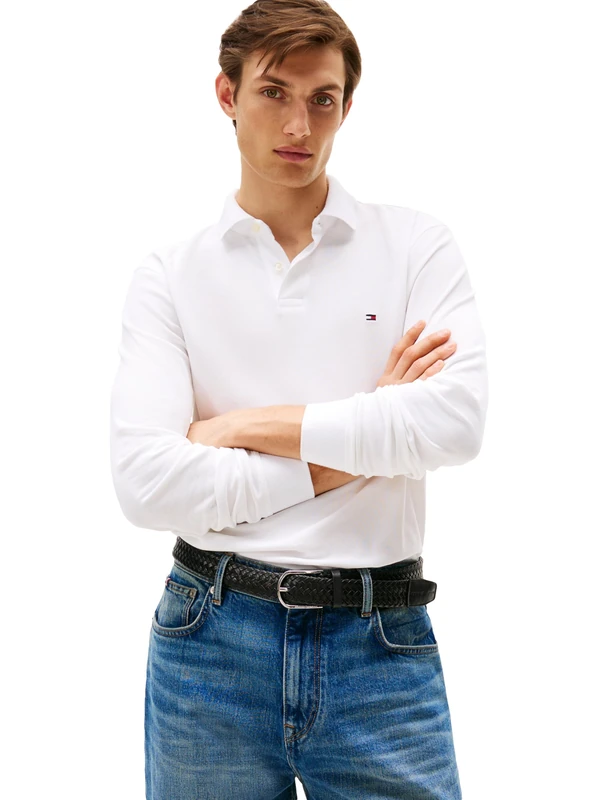 Tommy Hilfiger Men's Long Sleeve Polo Shirts in Regular Fit with Stretch and Organic Pique Cotton, White, XL