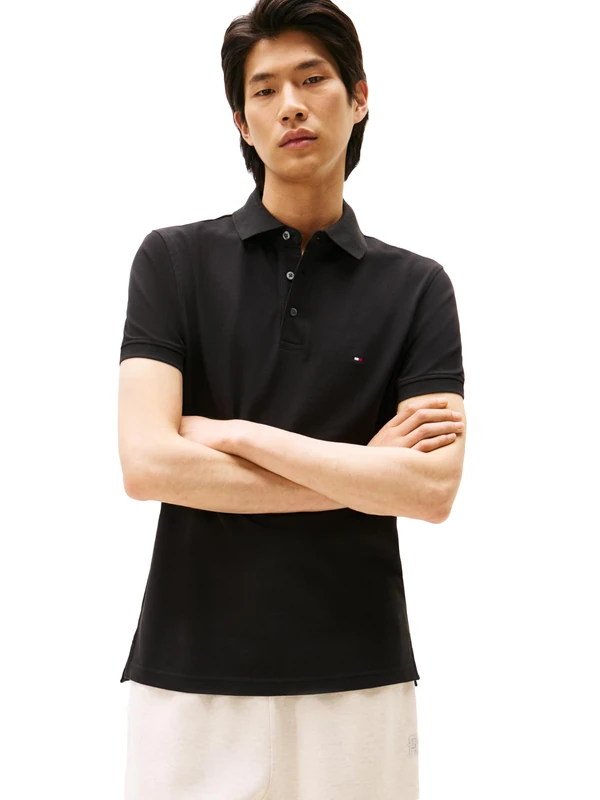 Tommy Hilfiger Men's Short Sleeve Polo Shirts in Slim Fit with Stretch and Organic Pique Cotton, Black, Large