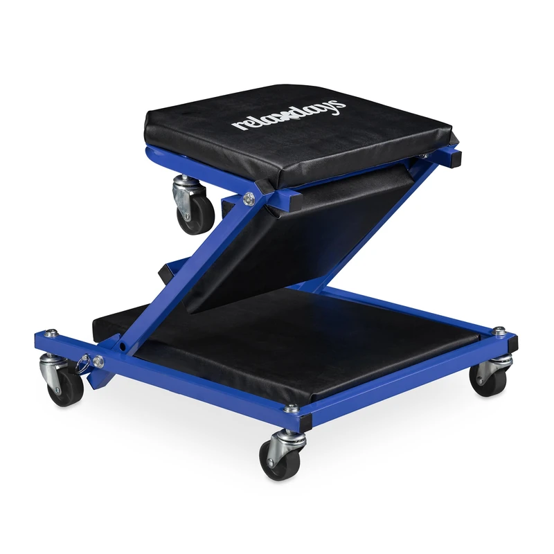 Relaxdays Board Workshop up to 150 kg, 2in1 Foldable Rolling Seat & Workbench, 360° Rotatable, Steel, Black/Blue, 12 x 41 x 91 cm