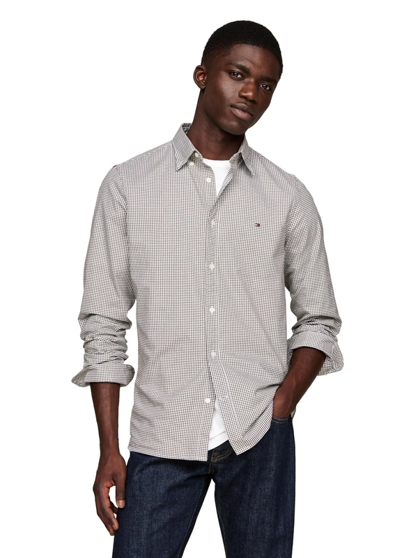 Tommy Hilfiger Long Sleeve Poplin Regular Fit, Men's Button Down Shirts, Also Available in Big and Tall, Army Green/Optic White, XL