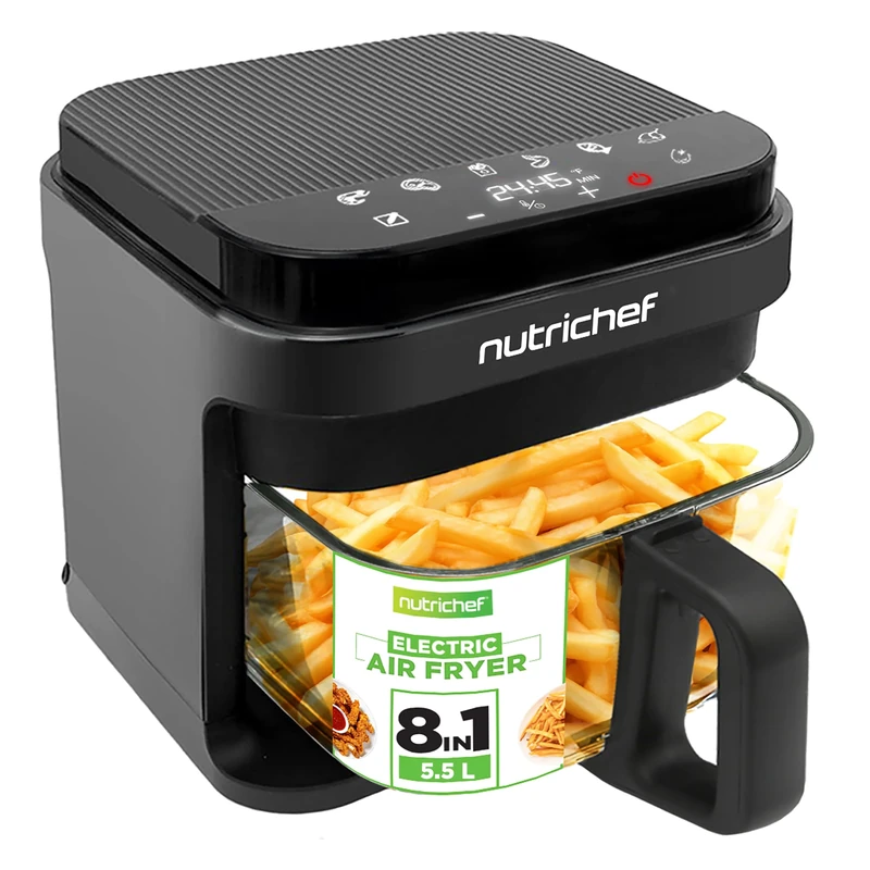 Nutrichef 5.5 Litres Air Fryer, 8 in 1 Preset Cook Modes, Transparent Fry Bowl for Best Cooking Results, Cook Shrimp, Steak, Fries, Wings, Chicken & More, Precise Temperature Control & Time, Grey